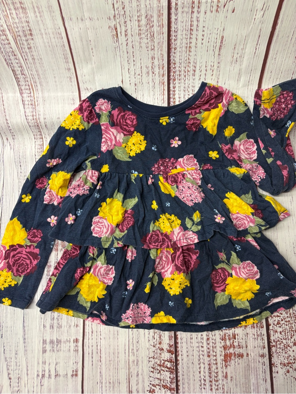 Garanimals Navy Floral Tiered Long Sleeve Tee with Pink and Yellow Blooms